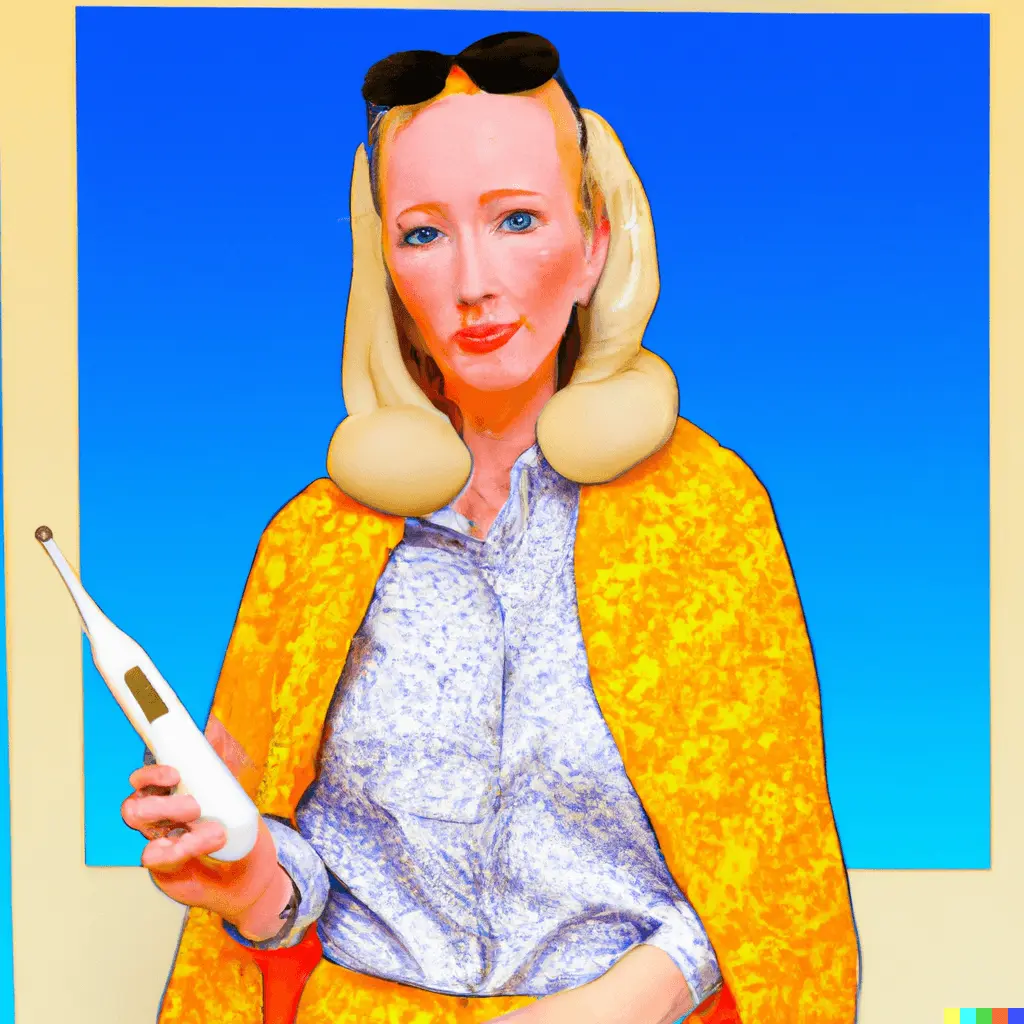 a blonde woman holding a thermometer, van Gogh style painting to visualize Fahrenheit to Celsius